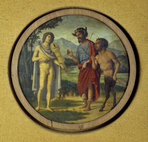 Billentyűs hangszerborító Apollón (lírával) és Marsyas-t ábrázoló illusztrációval alkotó: Giovanni Battista Cima da Conegliano