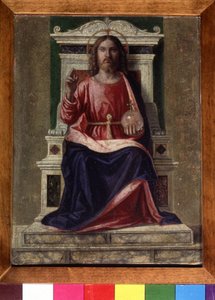 "Krisztus a trónon" Glória kereszttel van jelölve, bal kezében egy kereszttel szegélyezett földgömböt tart, jobbjával pedig áldás jelét adja. Giovanni Battista Cima da Conegliano (kb. 1459-1517) festménye 1505 körül Dim