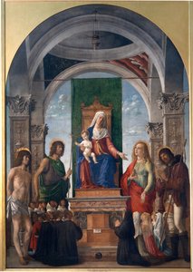 Madonna és a Szent Sebestyén, Keresztelő Szent János, Szent Mária Magdolna, Szent Rókus és a San Giovanni Evangelista Konfraternitás tagjai trónoló gyermeke