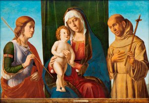 Madonna és gyermek Szent Orsolya és Assisi Ferenc között, c. 1495. alkotó: Giovanni Battista Cima da Conegliano