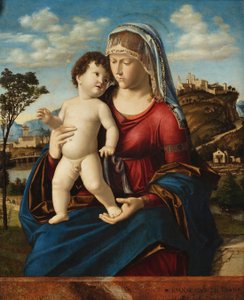 Madonna és gyermeke egy tájképben alkotó: Giovanni Battista Cima da Conegliano
