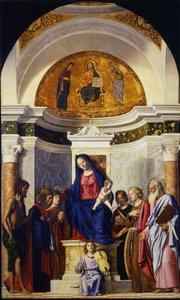Szűz és gyermeke Keresztelő Jánossal, Kozmasszal és Damianussal, Katalinnal és Pállal, kb 1506-1507 alkotó: Giovanni Battista Cima da Conegliano