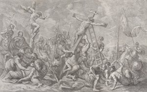 A keresztre feszítés, középen a kereszt leengedésével, végig katonákkal és egy tolvajjal, 1762. alkotó: Giovanni Battista Cipriani