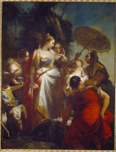 Mózes felfedezése. (Mózes megtalálása). A fáraó lánya úgy dönt, hogy örökbe fogadja a Nílus (Egyiptom) melletti kosárban talált újat. Giovanni Battista Crosato festménye (1697-1758 körül), olaj, vászon, 1730 körül. Olasz művészet (Velence)
