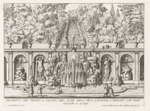 Cascade en Teatro delle Acque in de tuinen van de Villa Torlonia te Frascati A Villa Ludovisia színházának és vízesésének kilátása (...) (cím a tárgyon) A Frascati villák szökőkútjai (sorozat címe) Fonteinen van Frascati (sorozat címe) alkotó: Giovanni Battista Falda