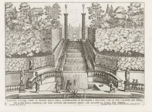 Cascade in de tuinen van de Villa Aldobrandini te Frascati Vízesés a villa Aldobrandina di Belvedere színháza fölött Frascatiban (...) (cím az objektumon) A Frascati villák szökőkútjai (sorozat címe) Fonteinen van Frascati (sorozat címe) alkotó: Giovanni Battista Falda