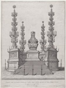 Katafalk X. Kelemen pápának, központi szerkezet egy tizenöt lépcsőfok tetején, 1676-ban.