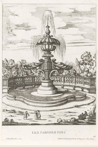 Szökőkút a római Villa Doria Pamphilj kertjében Lilii Pamphylii fons (cím a tárgyon) Le fontane ne palazzi e ne giardini di Roma (sorozat címe) Szökőkutak a római palotákban és kertekben (sorozat címe) alkotó: Giovanni Battista Falda