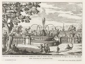 Fontein in de tuinen van de Villa Aldobrandini te Frascati Belvedere-kút Frascatiban, ezen az oldalon az előzmény szintje fölé épült (...) (cím az objektumon) A Frascati villák szökőkútjai (sorozat címe) Fonteinen van Frascati (sorozat címe) alkotó: Giovanni Battista Falda