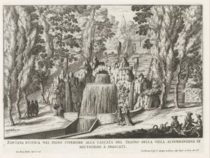Fontein in de tuinen van de Villa Aldobrandini te Frascati Rusztikus szökőkút a felső emeleten a színház vízesésénél (...) (cím a tárgyon) A Frascati villák szökőkútjai (sorozat címe) Fonteinen van Frascati (sorozat címe) alkotó: Giovanni Battista Falda