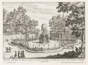Fontein in de tuinen van de Villa Torlonia te Frascati Felső szökőkút a lépcső tetején és vízesés a színház felett (...) (cím a tárgyon) A Frascati villák szökőkútjai (sorozat címe) Fonteinen van Frascati (sorozat címe) alkotó: Giovanni Battista Falda