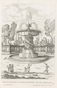 Fontein met dolfijnen in de tuinen van Villa Doria Pamphilj te Rome A szökőkút Pamphylia város hercegi kapuja előtt (cím a tárgyon) Le fontane ne palazzi e ne giardini di Roma (sorozat címe) Fonteinen in de paleizen en tuinen van Rome (sorozat címe alkotó: Giovanni Battista Falda