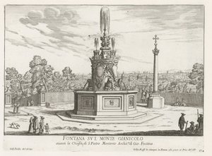 Fontein op Piazza San Pietro in Montorio op de Janiculumberg te Róma Szökőkút a Monte Gianicolo-n (cím a tárgyon) Róma szökőkútjai (sorozat címe) Fonteinen van Rome (sorozat címe) alkotó: Giovanni Battista Falda