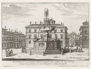 Fontein op Piazza Santa Maria in Trastevere Szökőkút a Trastevere-i S. Maria-bazilika terén (cím a tárgyon) Róma szökőkútjai (sorozat címe) Fonteinen van Rome (sorozat címe) alkotó: Giovanni Battista Falda