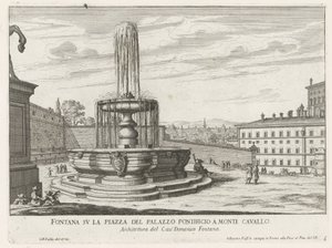 Fontein a Piazza del Quirinale te Rómában Szökőkút a pápai palota terén, Monte Cavalloban (cím a tárgyon) Róma szökőkútjai (sorozat címe) Fonteinen van Rome (sorozat címe) alkotó: Giovanni Battista Falda