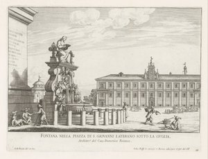Fontein op Piazza di San Giovanni Laterano te Rómában Szökőkút a Piazza di S. Giovanni Laterano téren a torony alatt (cím a tárgyon) Róma szökőkútjai (sorozat címe) Fonteinen van Rome (sorozat címe) alkotó: Giovanni Battista Falda