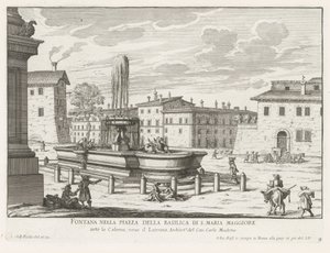 Fontein a Piazza di Santa Maria Maggiore Rómában Szökőkút a S. Maria Maggiore-bazilika terén (cím a tárgyon) Róma szökőkútjai (sorozat címe) Fonteinen van Rome (sorozat címe) alkotó: Giovanni Battista Falda