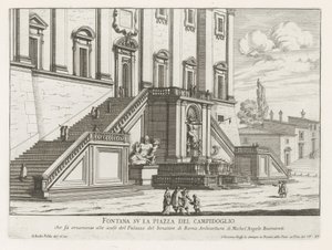 Szökőkút a római Capitolium Palazzo Senatorio épülete előtt Fontana su la Piazza del Campidoglio (cím a tárgyon) Fontane di Roma (sorozat címe) Róma szökőkútjai (sorozat címe) alkotó: Giovanni Battista Falda