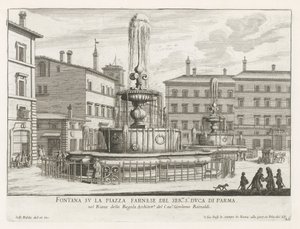 Fonteinen a Piazza Farnese te Rómában Szökőkút a ser.mo s.r Duca di Parma Piazza Farnese-n (cím a tárgyon) Róma szökőkútjai (sorozat címe) Fonteinen van Rome (sorozat címe) alkotó: Giovanni Battista Falda