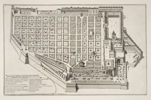 A pápai kert és a Quirinale-palota, az Il Nuovo Teatro della Fabriche et Buildings in Perspective of Modern Rome-ból, 1665-1669 körül (lásd még: 172928) alkotó: Giovanni Battista Falda