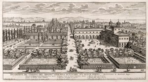 A római Villa Medici kertjének perspektívája, Giovanni Battista Falda (1640 vagy 1643-1678) metszete Li Giardniból (A kertek)