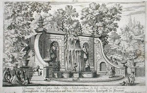 Színházi szökőkút a Villa Aldobrandina-ban, Frascati, 1675 körül, a „Le Fontane”-ból, 1687 előtt (metszet) alkotó: Giovanni Battista Falda