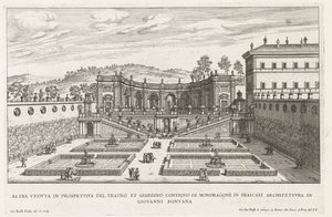 Tuinen van de Villa Mondragone te Frascati Egy másik perspektivikus nézet a színházról és a szomszédos kertről (...) (cím a tárgyon) A Frascati villák szökőkútjai (sorozat címe) Fonteinen van Frascati (sorozat címe) alkotó: Giovanni Battista Falda
