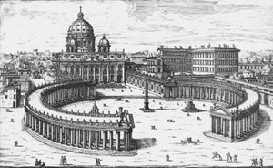 Vatikán, kilátás a Piazza San Pietro-ra, a Szent Péter-bazilikával és a Vatikáni palotákkal, Giovanni Battista Falda metszetével. 1665