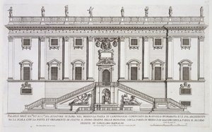 Kilátás a római Piazza del Campidoglio-n található Palazzo Senatorio homlokzatára, Michelangelo Buonarroti (1475-1564) és Girolamo Rainaldi (1570-1655) befejezte.