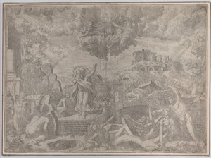 Ezékiel látomása a halottak feltámadásával és testükre öltésével, az Atyaisten abo..., 1579.