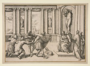 Férfi ül egy Bacchus-szobor alatt, és közönséget fogad alkotó: Giovanni Battista Franco (called Il Semolei)