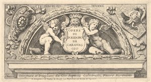 A Poloidoro nyomán készült nyomatsorozat címtáblája, cím egy pajzson, amelyet két putti támaszt meg, 1658.