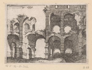 A római Colosseum maradványai Listesso (cím az objektumon) Róma kilátásai (sorozat címe) Alcune vedute et prospettive di luoghi dishabitati di Roma (sorozat címe) alkotó: Giovanni Battista Mercati