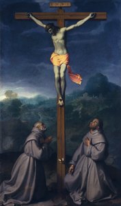 Keresztre feszítés Szent Bernardinóval és Páduai Anthonyval, Giovanni Battista Moroni (1525-1578), olaj, vászon, 226x133 cm, San Giuliano templom, Albino alkotó: Giovanni Battista Moroni