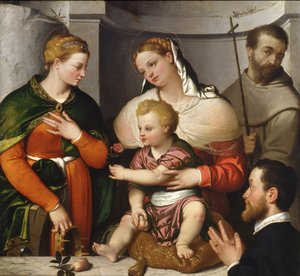 Madonna és gyermek Szent Katalinnal, Szent Ferenccel és az adományozóval, 1550 körül (olaj, vászon) alkotó: Giovanni Battista Moroni
