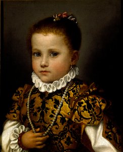 Kislány portréja Brokát ruhába gazdagon öltözött kislány, gyöngy nyakláncot és epres gallért visel. Giovan Battista Moroni festménye (1529-1578 körül) alkotó: Giovanni Battista Moroni