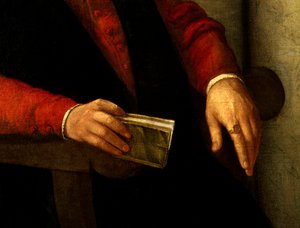 Francois Rabelais (1494-1553) francia író és orvos feltételezett portréja. Részlet a kezében tartott könyvről és a lovagról, akit az ujján hord. Giovanni Battista Moroni (1525-1578) festménye alkotó: Giovanni Battista Moroni