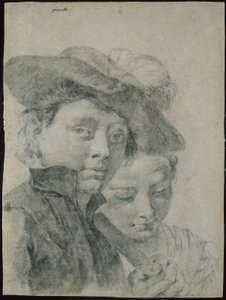 Egy fiatal fiú, aki tollas kalapot visel, és egy fiatal lány alkotó: Giovanni Battista Piazzetta