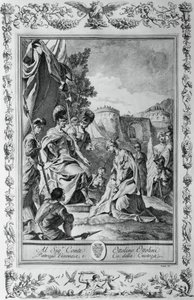 Armida Goffredo előtt, metszet, Giovanni Battista Piazzetta (1683-1754) a jeruzsálemi III. énekhez Delivered, Torquato Tasso (1544-1595), kiadó: Giovanni Battista Albrizzi, Velence, Olaszország alkotó: Giovanni Battista Piazzetta