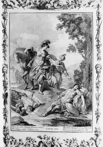 Erminia megsebesült Tancredivel találkozik, a XIX. ének, Jeruzsálem kézbesítve alkotó: Giovanni Battista Piazzetta