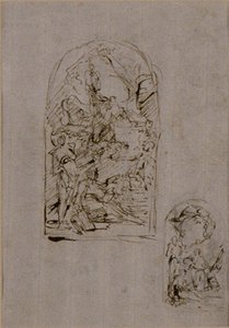 Vázlatok egy oltárhoz Cortonai Szent Margit, Szent Sebestyén és Szent Rókus ábrázolásával (recto); Két vázlat egy oltárhoz (verso). alkotó: Giovanni Battista Piazzetta