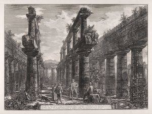 A., B. A Neptunusz-templomban lévő két oszlopsor maradványainak látképe, amelyek oldalt a cella oszlopcsarnokait alkották, és az épület tetőzetét tartották ... alkotó: Giovanni Battista Piranesi