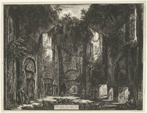 Academie in de Villa Adriana t és Tivoli Diéta, vagy mindkettő Hely, amely bejáratot biztosít több grandiózus fülkébe és más csodálatos szobákba, amelyek a Villa Adrianban léteznek (...) (cím a tárgyon) Gezichten op Rome (sorozat címe) Róma látképe rajzolv alkotó: Giovanni-Battista Piranesi
