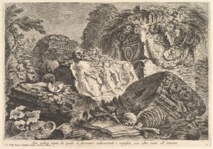 Ősi oltár, amelyen az ókorban áldoztak, más romokkal körülvéve..., kb. 1750. alkotó: Giovanni Battista Piranesi