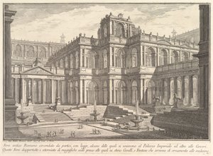 Az ókori római fórum karzatokkal körülvéve, loggiákkal, amelyek egy része a..., kb. 1750. alkotó: Giovanni Battista Piranesi