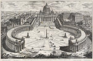 A híres vatikáni bazilika látképe széles oszlopcsarnokkal és a hozzá csatlakozó előtérrel alkotó: Giovanni Battista Piranesi