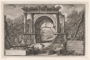 Boog van Augustus te Aosta Kilátás az Augustus tiszteletére épített boltívre, a piemonti Aosta város közelében, korábban Augusta Praetoria Salassorum (cím az objektumon) Enige gezichten op door Romeinen gebouwde triomfbogen en andere monumenten (sorozat alkotó: Giovanni Battista Piranesi