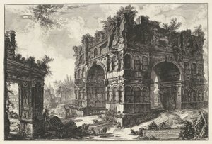 Boog van Janus és Boog van de geldwisselaars Rómában Volgarm.te di Giano nevű templom (cím a tárgyon) Gezichten op Rome (sorozat címe) Róma kilátásai, amelyeket Giambattista Piranesi építész, Ve (nez) iano tervezett és vésett (sorozat címe) alkotó: Giovanni Battista Piranesi