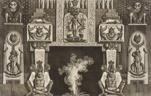 Egyiptomi stílusú kandalló: mindegyik ajtófélen három guggoló alakból álló csoport alkotó: Giovanni Battista Piranesi