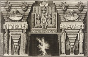 Egyiptomi stílusú kandalló: balra két profilból ábrázolt múmia, jobbra két obeliszkeket hordozó alak. alkotó: Giovanni Battista Piranesi